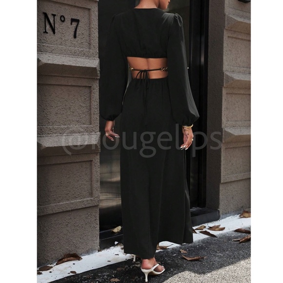 Black Maxi Dress Chain Strap Detail Cut Out Long Lantern Sleeve Leg Slit - Picture 5 of 7